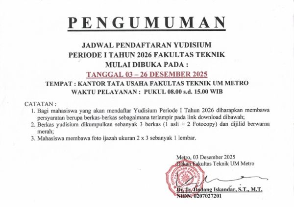 PENGUMUMAN PENDAFTARAN YUDISIUM I TAHUN 2026