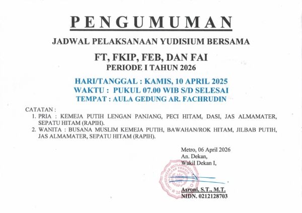 PENGUMUMAN PELAKSANAAN YUDISIUM BERSAMA PERIODE I TAHUN 2026